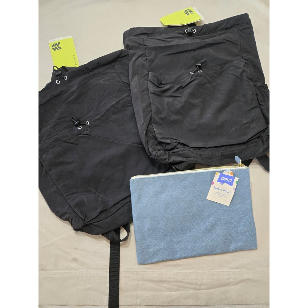 All in Motion Water Repellent Backpacks Black & Spritz Denim Zipper Pouch NWT